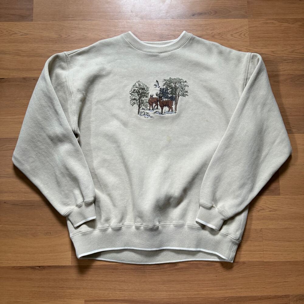 Vintage 90's C&B Sport Beige Deer Nature Embroidered Crewneck Sweatshirt Sz L